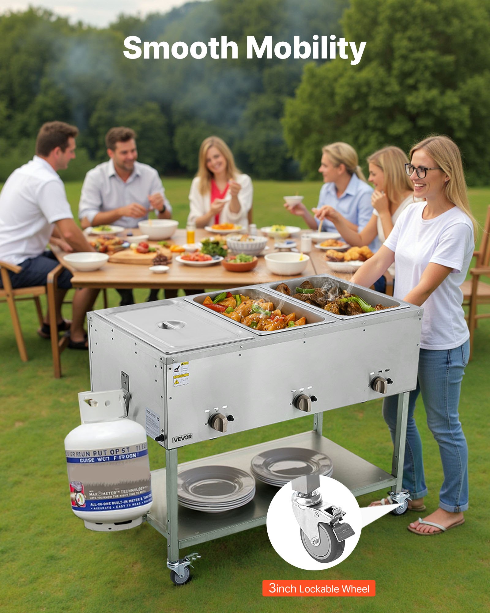 VEVOR 3-Pan Commercial Propane Steam Table, LP Gas Outdoor Soup Warmer with Drain Valve and 3" Wheels, Stainless Steel Propane Food Warmer with Independent Temp Control, for Restaurant Outdoor Camping