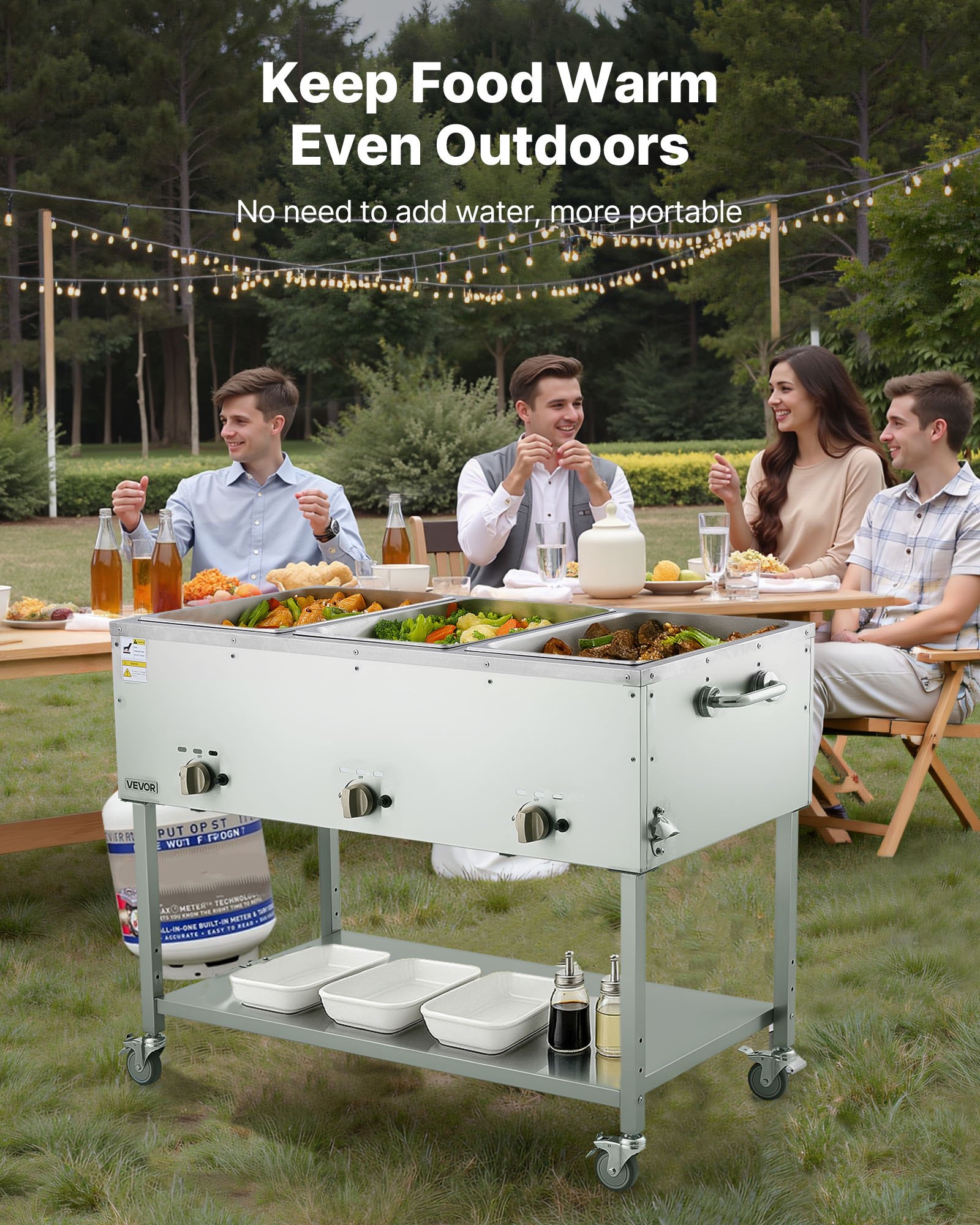 VEVOR 3-Pan Commercial Propane Steam Table, LP Gas Outdoor Soup Warmer with Drain Valve and 3" Wheels, Stainless Steel Propane Food Warmer with Independent Temp Control, for Restaurant Outdoor Camping