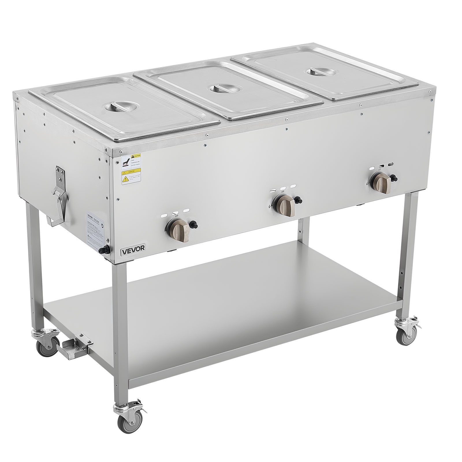 VEVOR 3-Pan Commercial Propane Steam Table, LP Gas Outdoor Soup Warmer with Drain Valve and 3" Wheels, Stainless Steel Propane Food Warmer with Independent Temp Control, for Restaurant Outdoor Camping