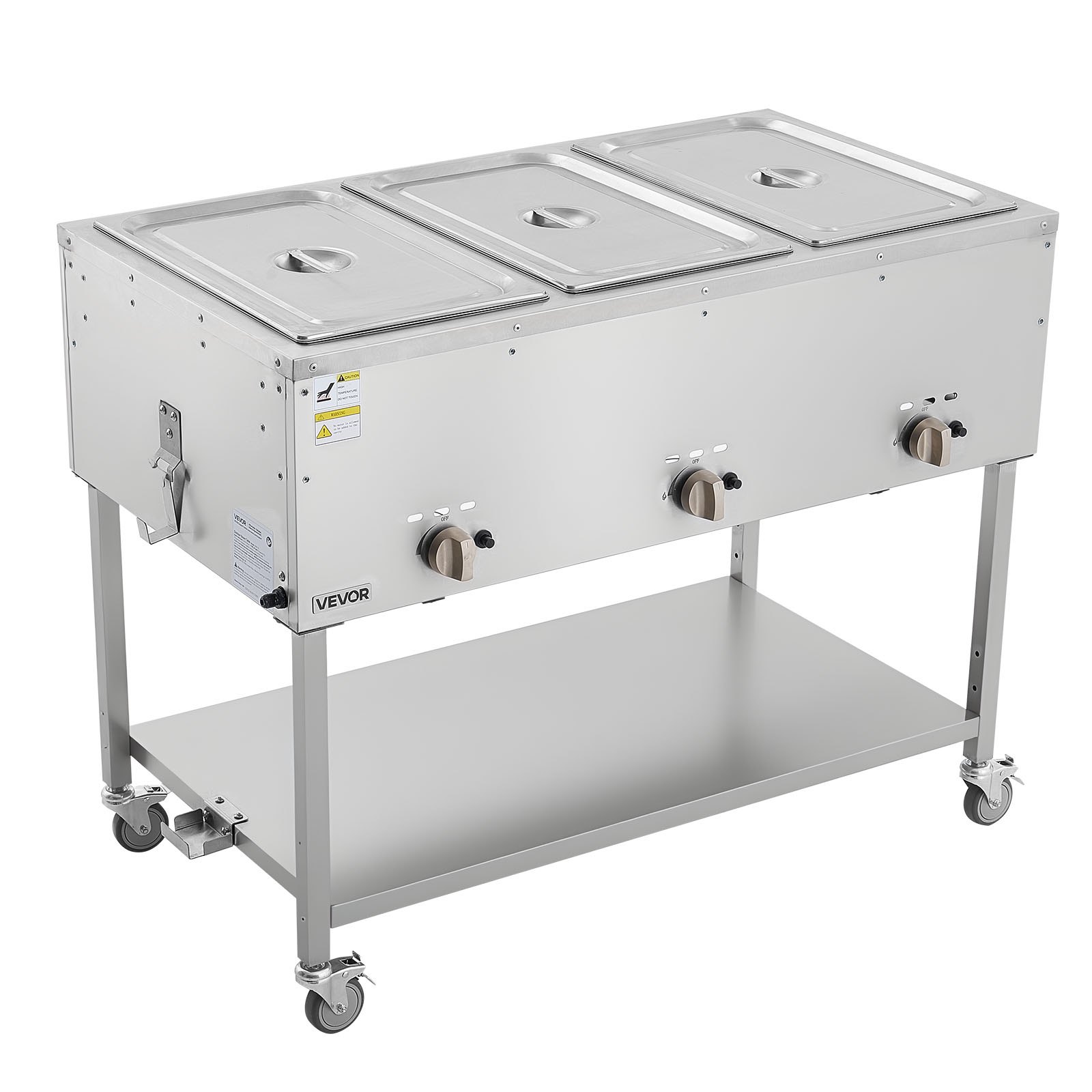 VEVOR 3-Pan Commercial Propane Steam Table, LP Gas Outdoor Soup Warmer with Drain Valve and 3" Wheels, Stainless Steel Propane Food Warmer with Independent Temp Control, for Restaurant Outdoor Camping