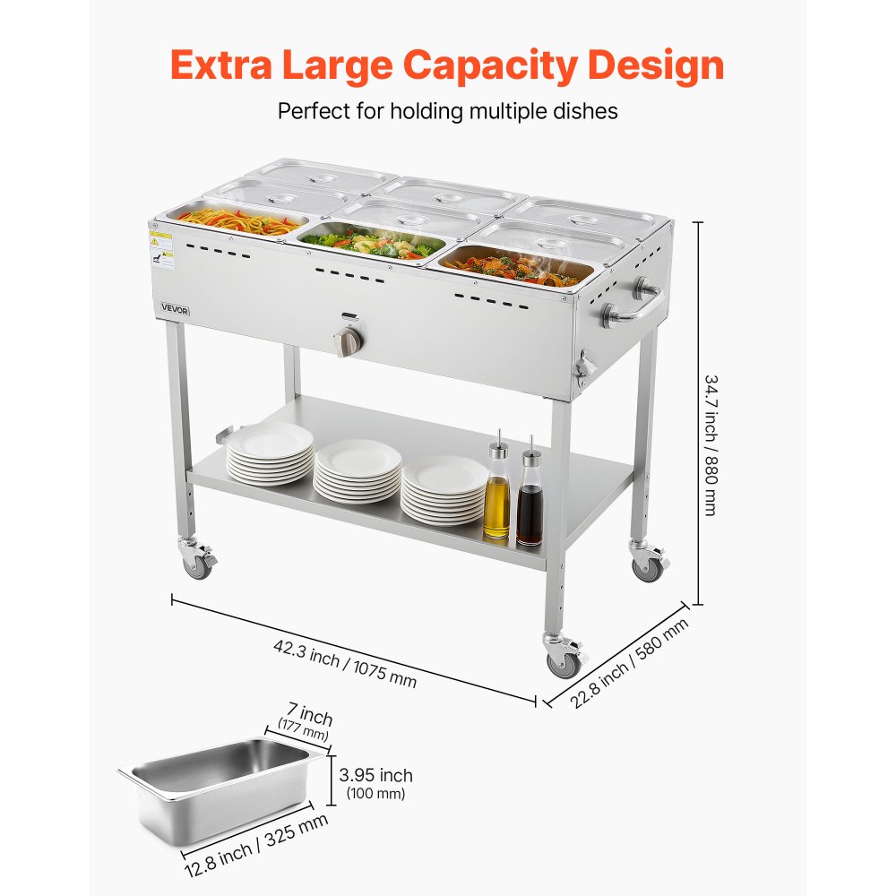 VEVOR 9-Pan Commercial Propane Steam Table, LP Gas Outdoor Soup Warmer with Drain Valve and 3" Wheels, Stainless Steel Propane Food Warmer with Adjustable Temperature, for Restaurant Outdoor Camping