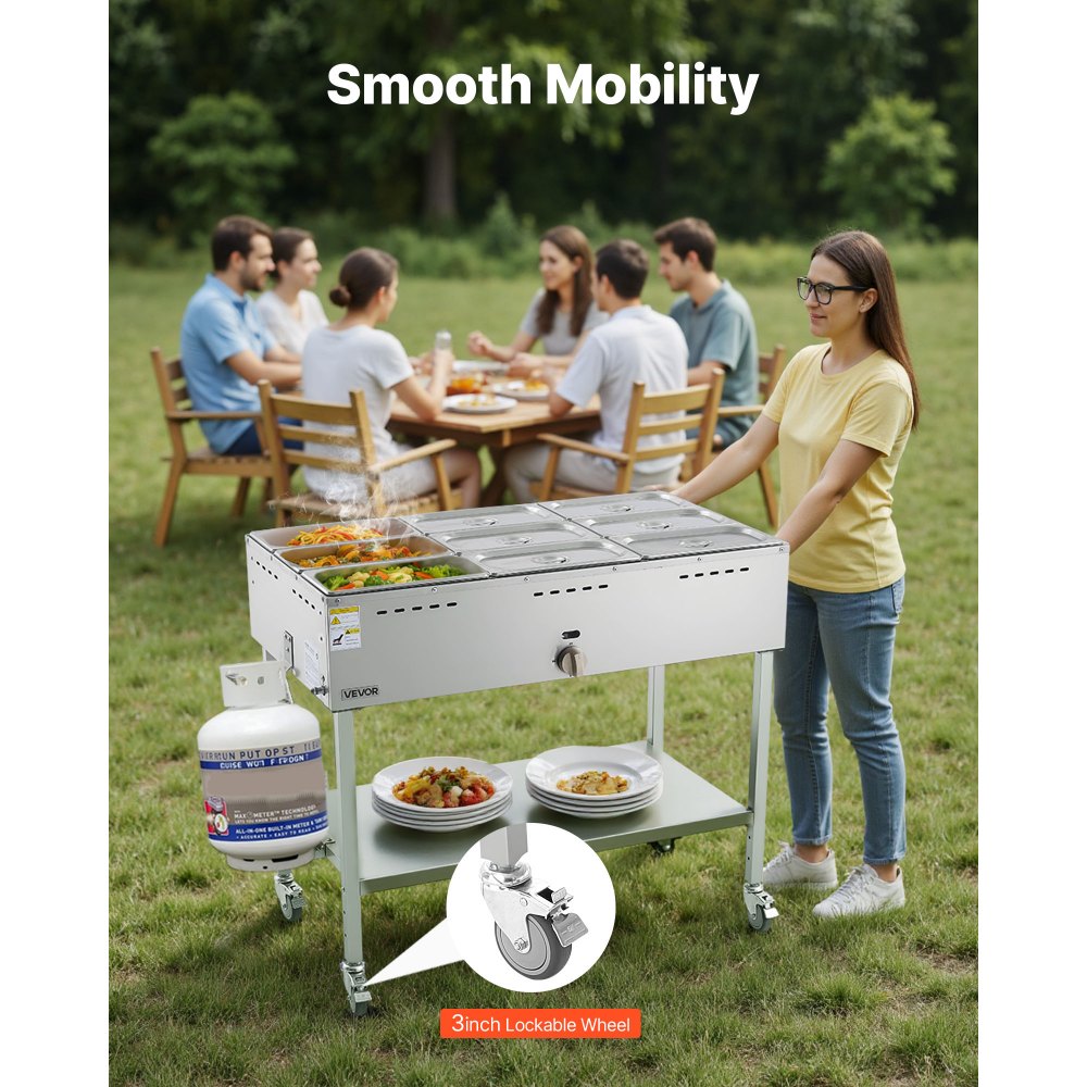 VEVOR 9-Pan Commercial Propane Steam Table, LP Gas Outdoor Soup Warmer with Drain Valve and 3" Wheels, Stainless Steel Propane Food Warmer with Adjustable Temperature, for Restaurant Outdoor Camping