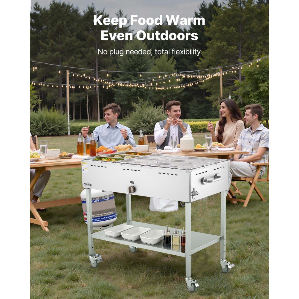 VEVOR 9-Pan Commercial Propane Steam Table, LP Gas Outdoor Soup Warmer with Drain Valve and 3" Wheels, Stainless Steel Propane Food Warmer with Adjustable Temperature, for Restaurant Outdoor Camping