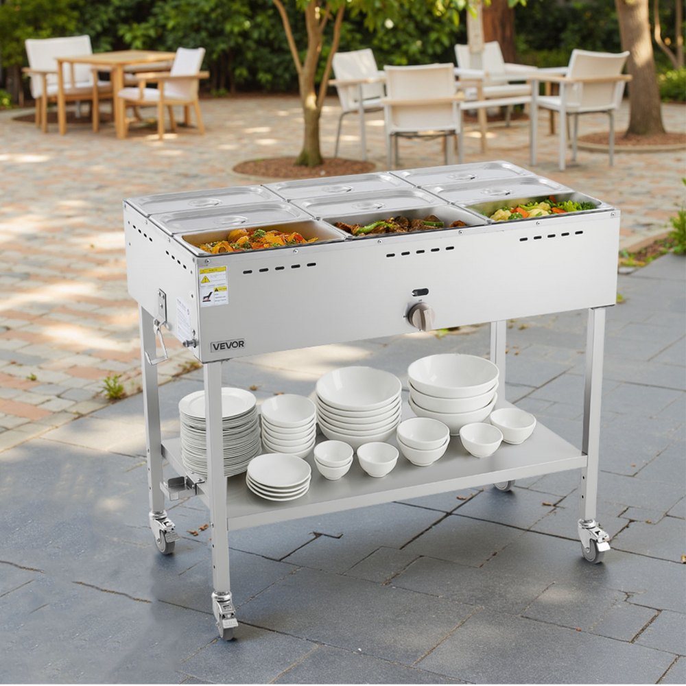 VEVOR 9-Pan Commercial Propane Steam Table, LP Gas Outdoor Soup Warmer with Drain Valve and 3" Wheels, Stainless Steel Propane Food Warmer with Adjustable Temperature, for Restaurant Outdoor Camping
