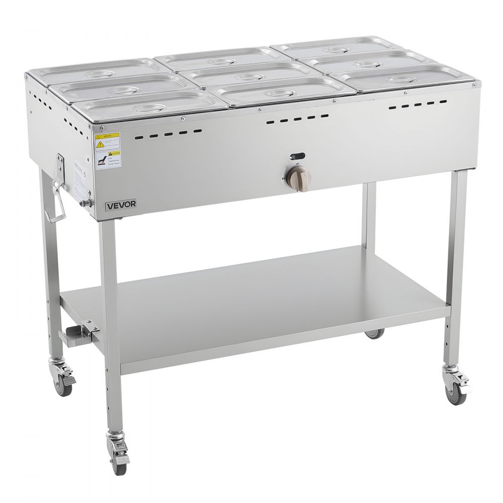 VEVOR 9-Pan Commercial Propane Steam Table, LP Gas Outdoor Soup Warmer with Drain Valve and 3" Wheels, Stainless Steel Propane Food Warmer with Adjustable Temperature, for Restaurant Outdoor Camping
