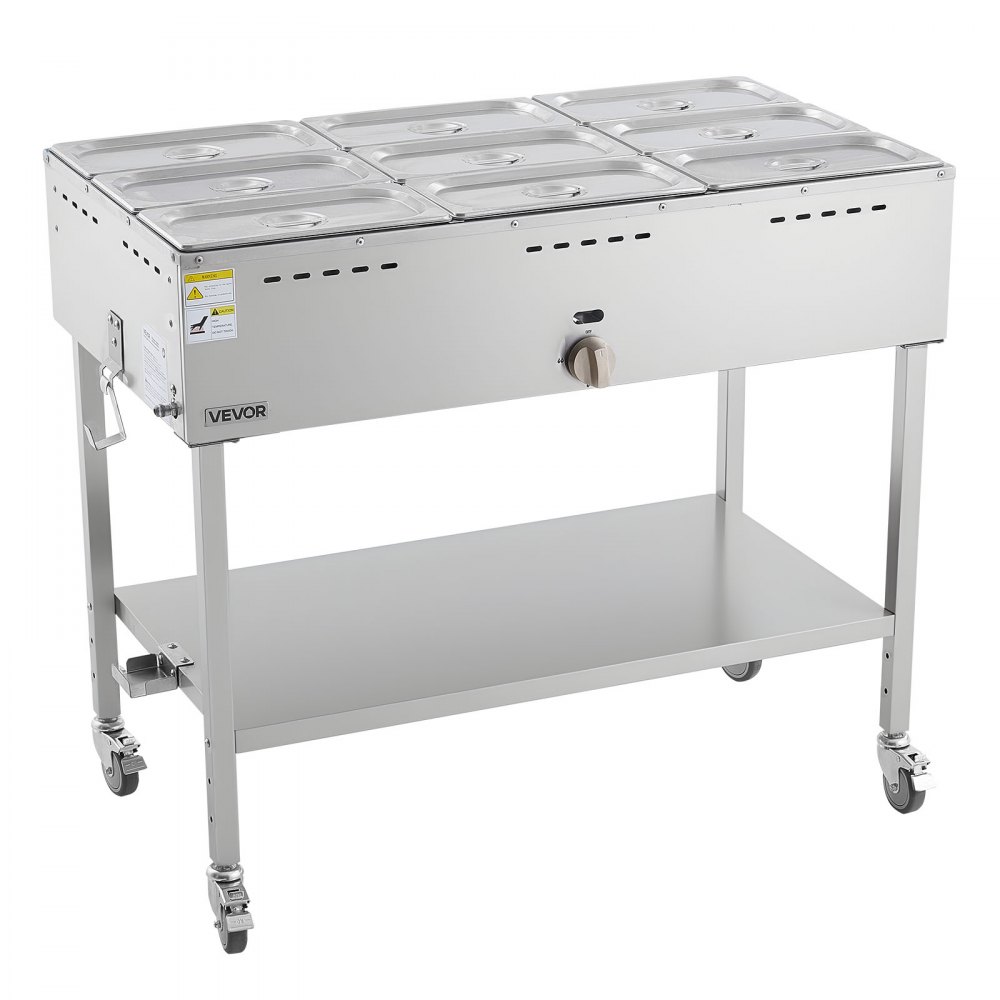 VEVOR 9-Pan Commercial Propane Steam Table, LP Gas Outdoor Soup Warmer with Drain Valve and 3" Wheels, Stainless Steel Propane Food Warmer with Adjustable Temperature, for Restaurant Outdoor Camping