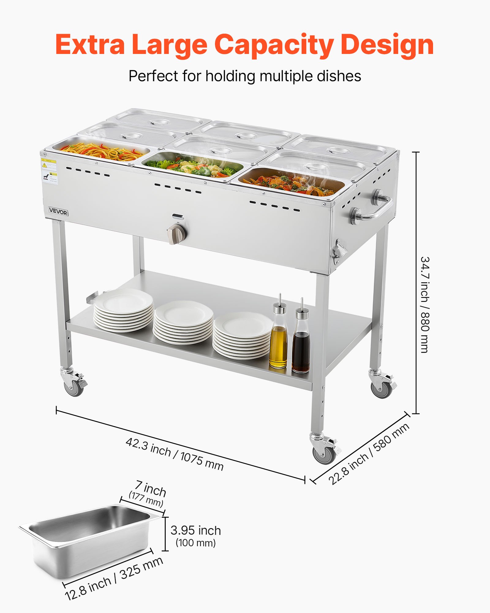 VEVOR 9-Pan Commercial Propane Steam Table, LP Gas Outdoor Soup Warmer with Drain Valve and 3" Wheels, Stainless Steel Propane Food Warmer with Adjustable Temperature, for Restaurant Outdoor Camping