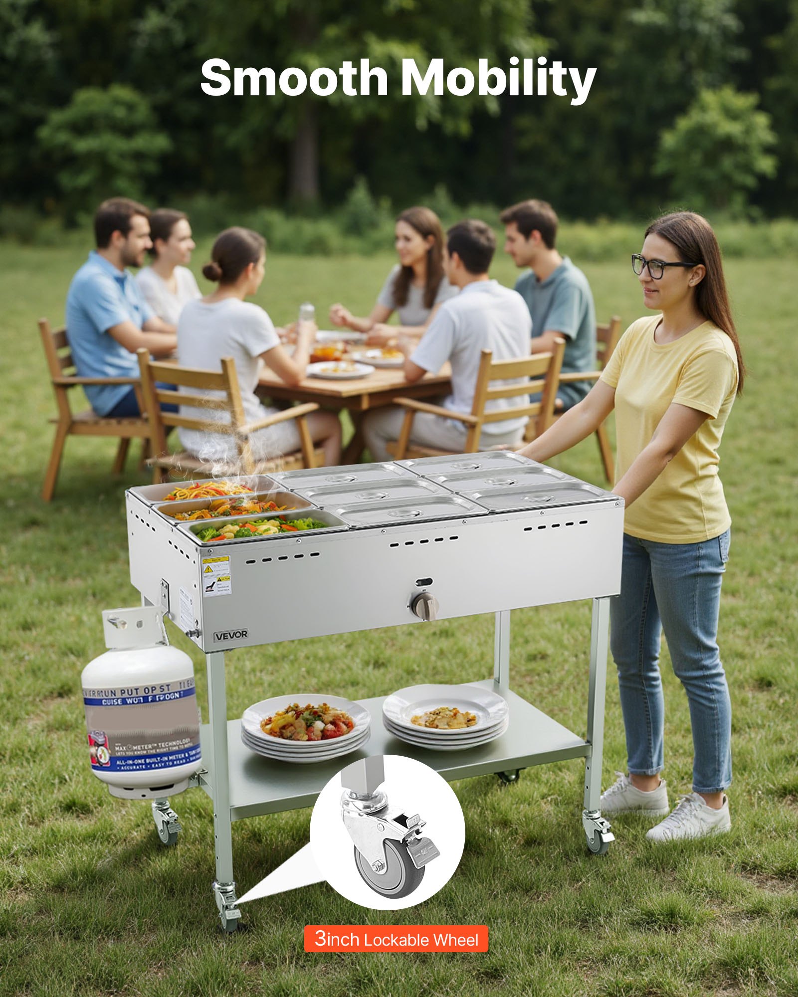 VEVOR 9-Pan Commercial Propane Steam Table, LP Gas Outdoor Soup Warmer with Drain Valve and 3" Wheels, Stainless Steel Propane Food Warmer with Adjustable Temperature, for Restaurant Outdoor Camping