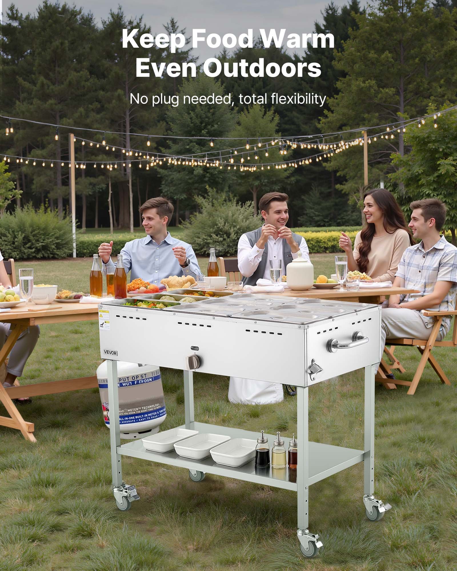 VEVOR 9-Pan Commercial Propane Steam Table, LP Gas Outdoor Soup Warmer with Drain Valve and 3" Wheels, Stainless Steel Propane Food Warmer with Adjustable Temperature, for Restaurant Outdoor Camping
