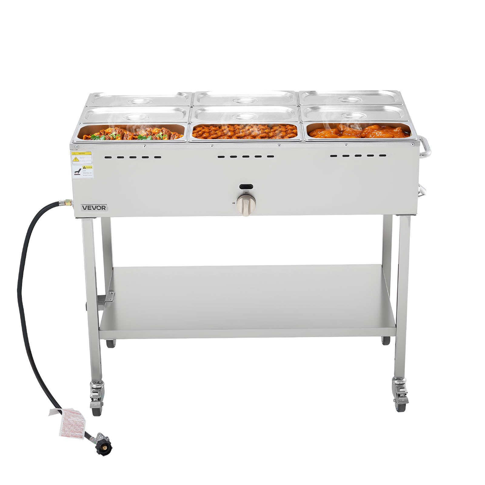 VEVOR 9-Pan Commercial Propane Steam Table, LP Gas Outdoor Soup Warmer with Drain Valve and 3" Wheels, Stainless Steel Propane Food Warmer with Adjustable Temperature, for Restaurant Outdoor Camping