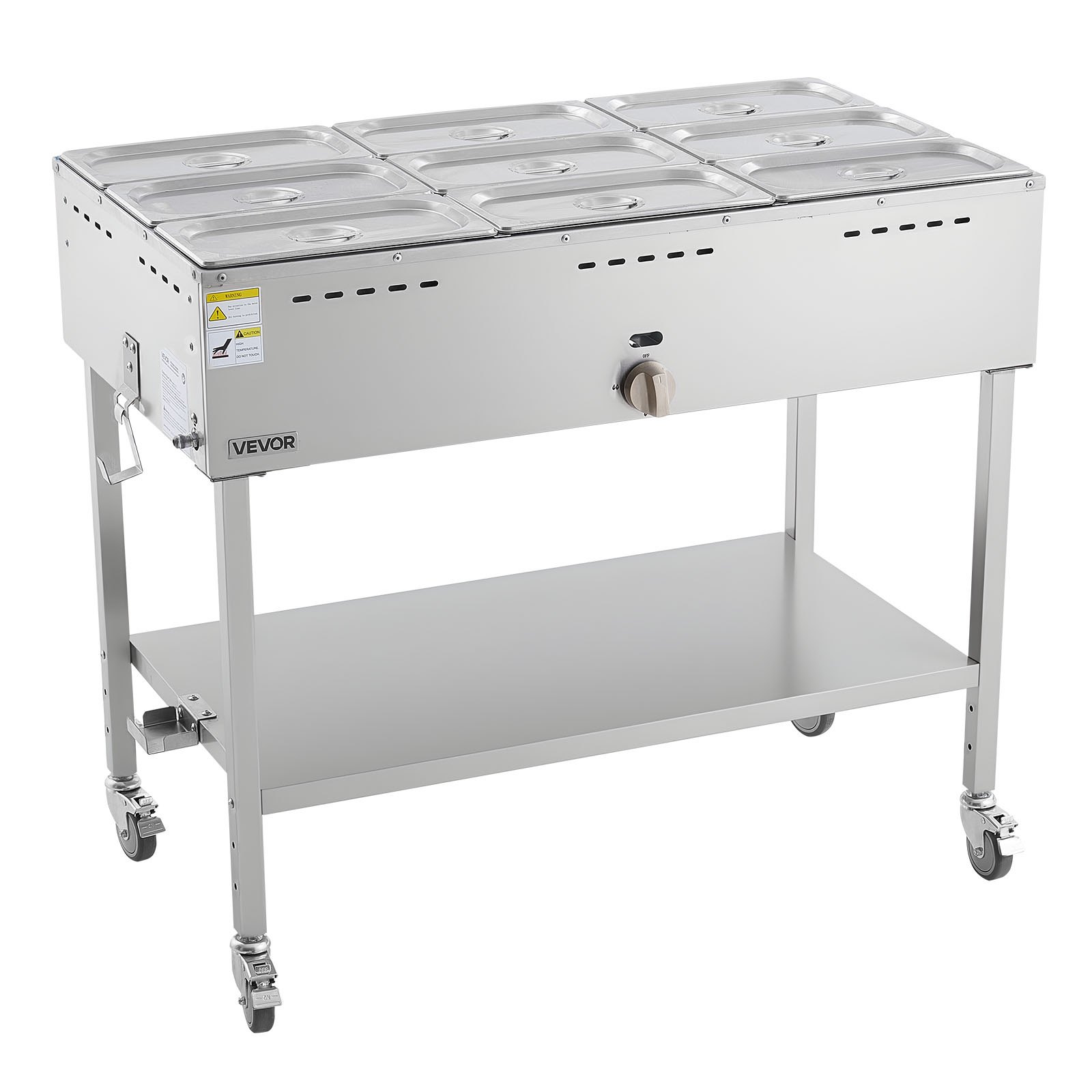 VEVOR 9-Pan Commercial Propane Steam Table, LP Gas Outdoor Soup Warmer with Drain Valve and 3" Wheels, Stainless Steel Propane Food Warmer with Adjustable Temperature, for Restaurant Outdoor Camping