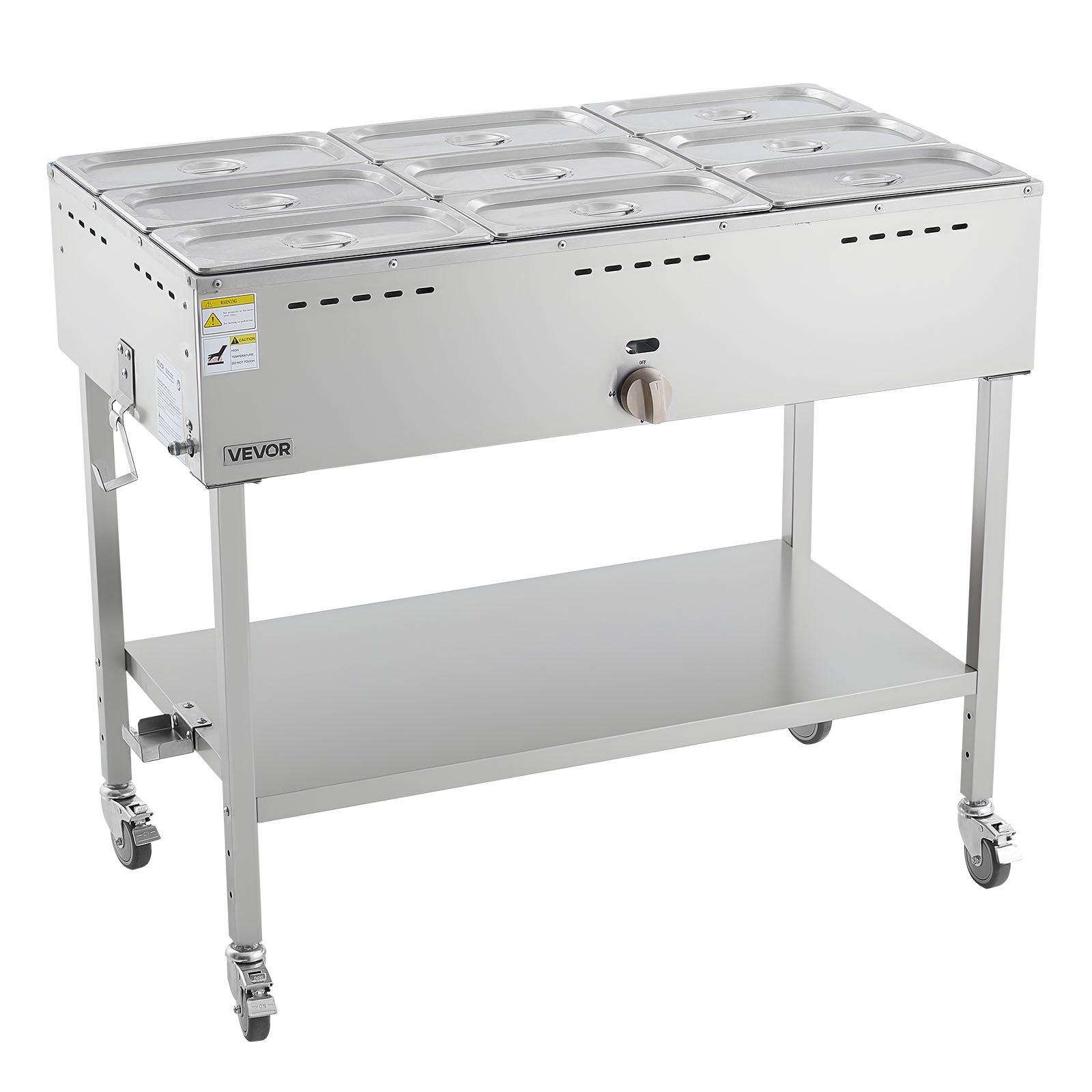 VEVOR 9-Pan Commercial Propane Steam Table, LP Gas Outdoor Soup Warmer with Drain Valve and 3" Wheels, Stainless Steel Propane Food Warmer with Adjustable Temperature, for Restaurant Outdoor Camping