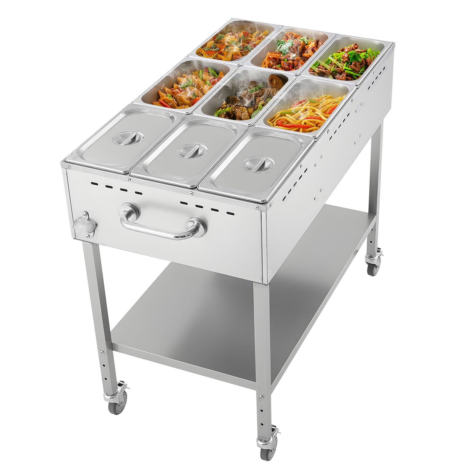 VEVOR 9-Pan Commercial Propane Steam Table, LP Gas Outdoor Soup Warmer with Drain Valve and 3" Wheels, Stainless Steel Propane Food Warmer with Adjustable Temperature, for Restaurant Outdoor Camping