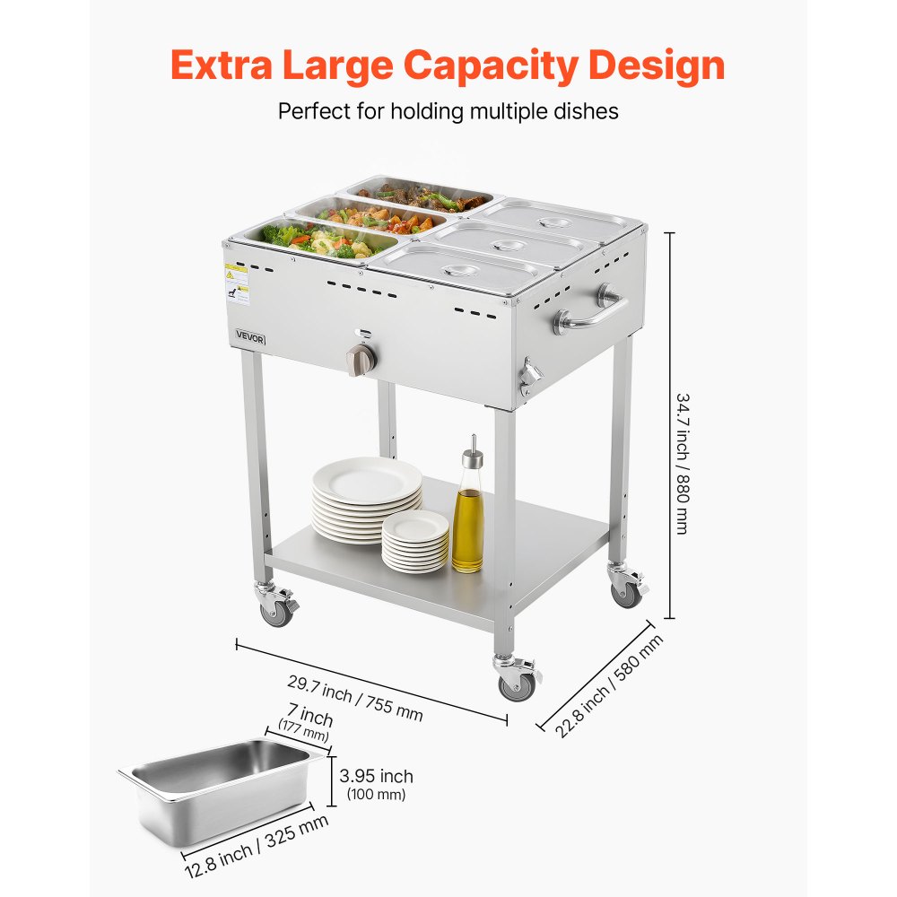 VEVOR 6-Pan Commercial Propane Steam Table, LP Gas Outdoor Soup Warmer with Drain Valve and 3" Wheels, Stainless Steel Propane Food Warmer with Adjustable Temperature, for Restaurant Outdoor Camping