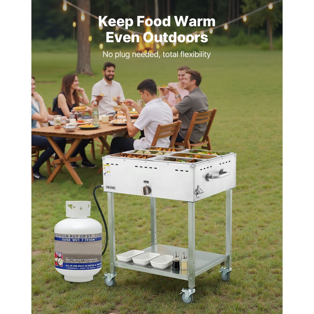 VEVOR 6-Pan Commercial Propane Steam Table, LP Gas Outdoor Soup Warmer with Drain Valve and 3" Wheels, Stainless Steel Propane Food Warmer with Adjustable Temperature, for Restaurant Outdoor Camping