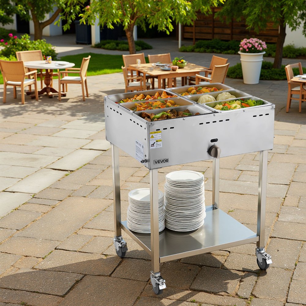 VEVOR 6-Pan Commercial Propane Steam Table, LP Gas Outdoor Soup Warmer with Drain Valve and 3" Wheels, Stainless Steel Propane Food Warmer with Adjustable Temperature, for Restaurant Outdoor Camping