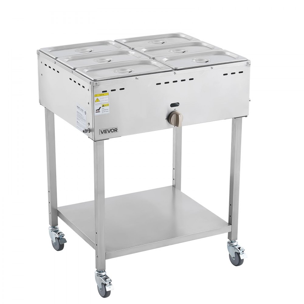 VEVOR 6-Pan Commercial Propane Steam Table, LP Gas Outdoor Soup Warmer with Drain Valve and 3" Wheels, Stainless Steel Propane Food Warmer with Adjustable Temperature, for Restaurant Outdoor Camping