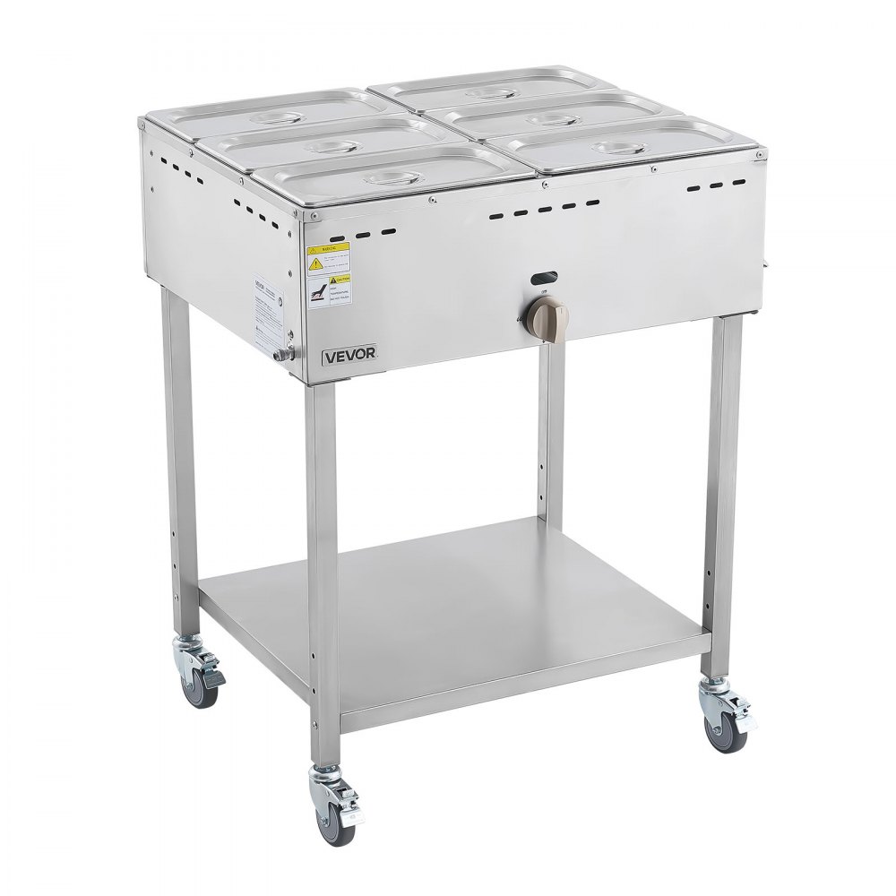 VEVOR 6-Pan Commercial Propane Steam Table, LP Gas Outdoor Soup Warmer with Drain Valve and 3" Wheels, Stainless Steel Propane Food Warmer with Adjustable Temperature, for Restaurant Outdoor Camping