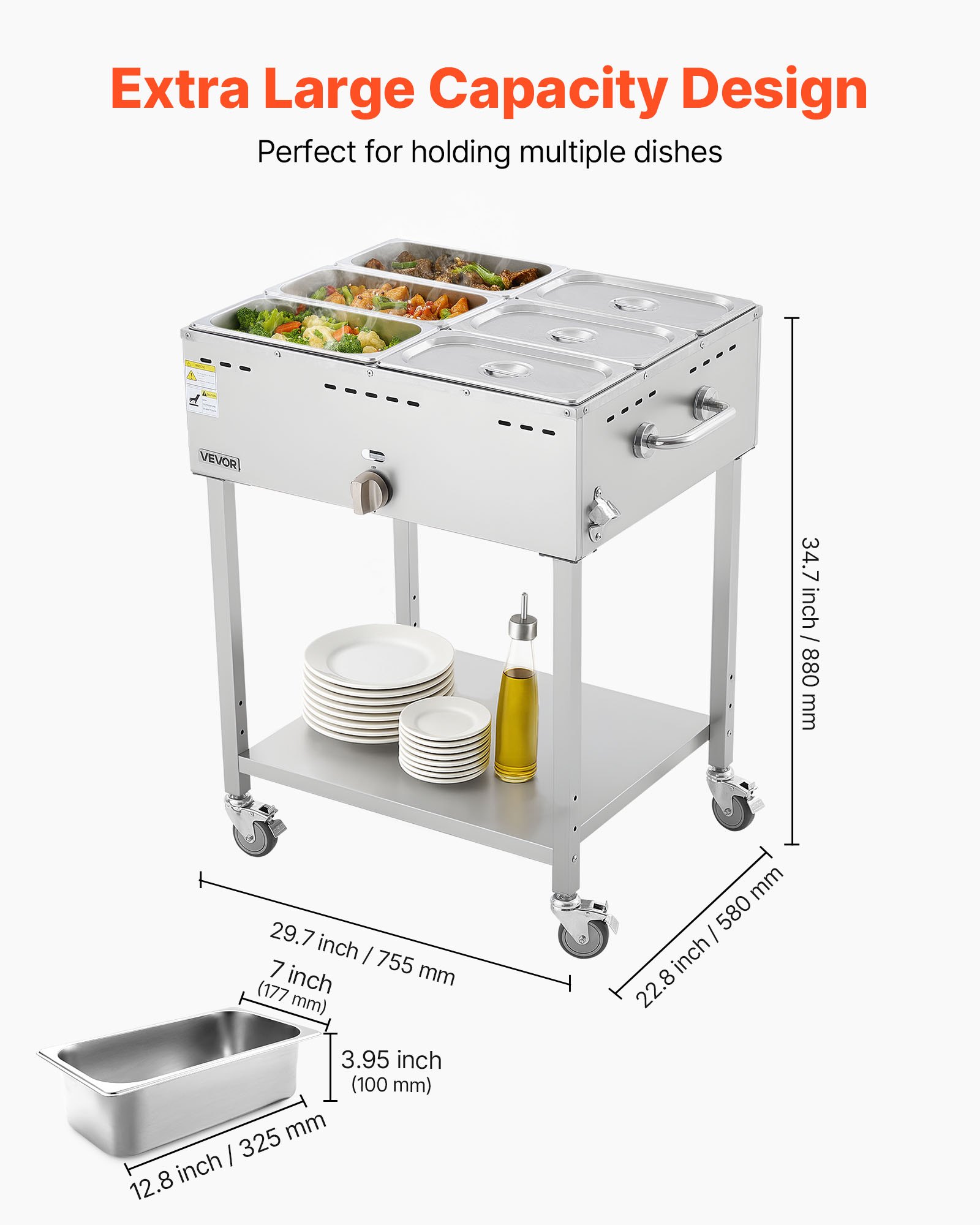VEVOR 6-Pan Commercial Propane Steam Table, LP Gas Outdoor Soup Warmer with Drain Valve and 3" Wheels, Stainless Steel Propane Food Warmer with Adjustable Temperature, for Restaurant Outdoor Camping