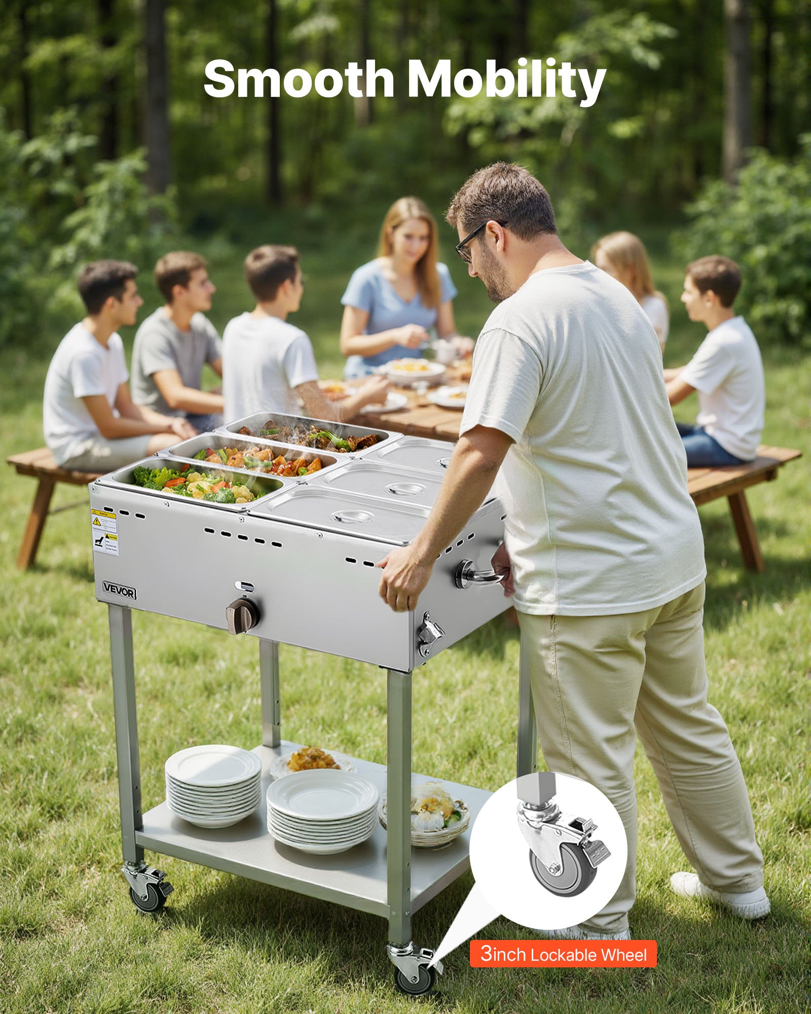 VEVOR 6-Pan Commercial Propane Steam Table, LP Gas Outdoor Soup Warmer with Drain Valve and 3" Wheels, Stainless Steel Propane Food Warmer with Adjustable Temperature, for Restaurant Outdoor Camping