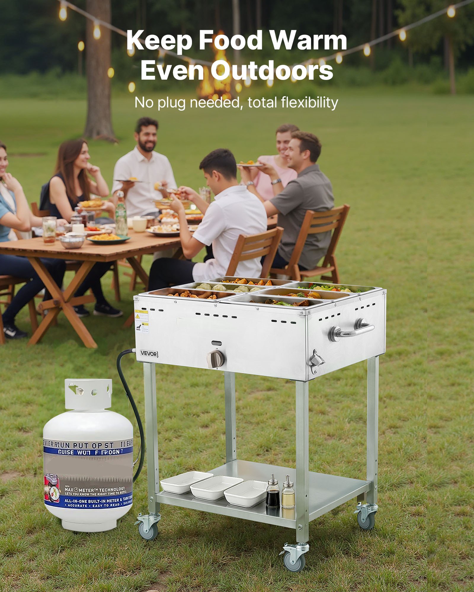 VEVOR 6-Pan Commercial Propane Steam Table, LP Gas Outdoor Soup Warmer with Drain Valve and 3" Wheels, Stainless Steel Propane Food Warmer with Adjustable Temperature, for Restaurant Outdoor Camping