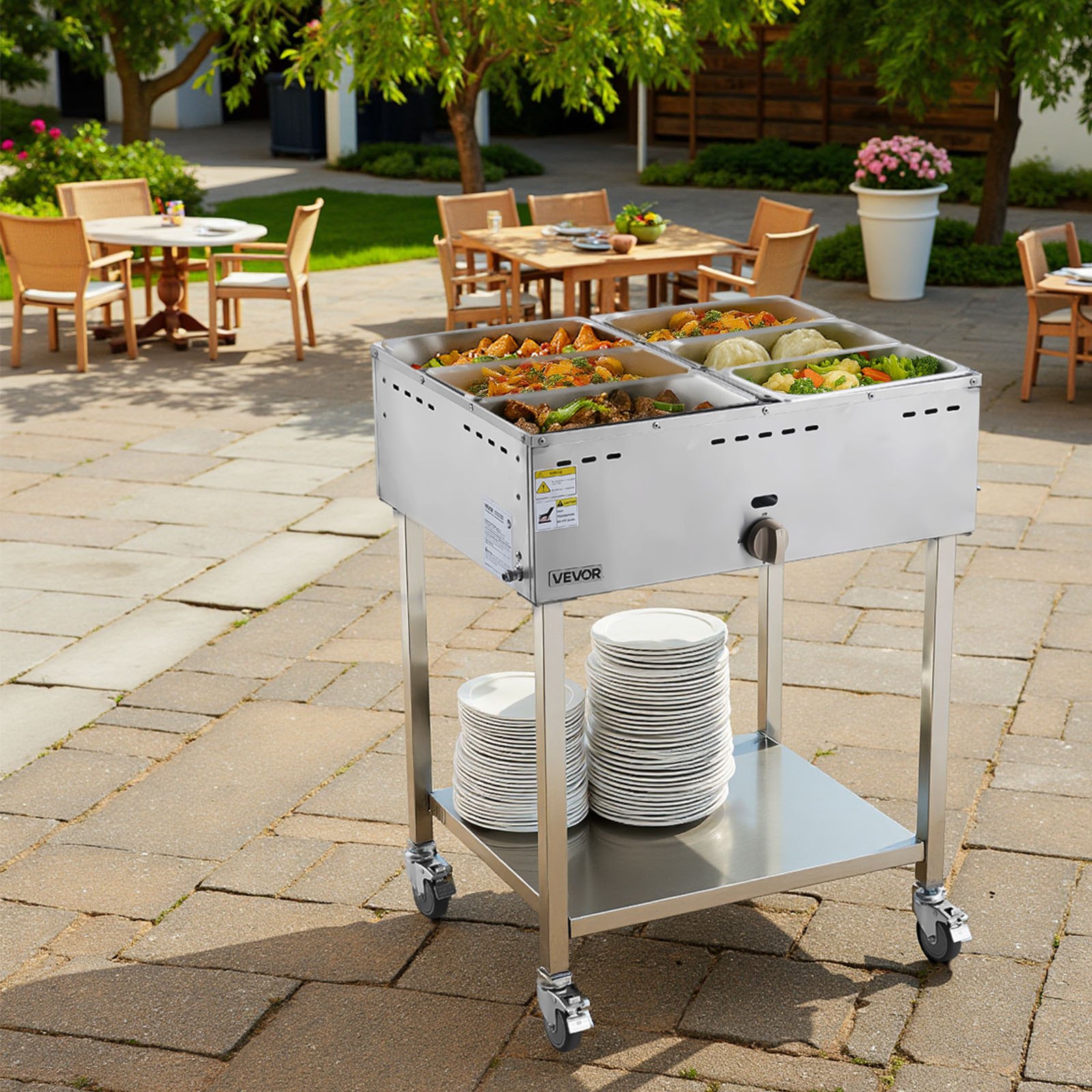 VEVOR 6-Pan Commercial Propane Steam Table, LP Gas Outdoor Soup Warmer with Drain Valve and 3" Wheels, Stainless Steel Propane Food Warmer with Adjustable Temperature, for Restaurant Outdoor Camping
