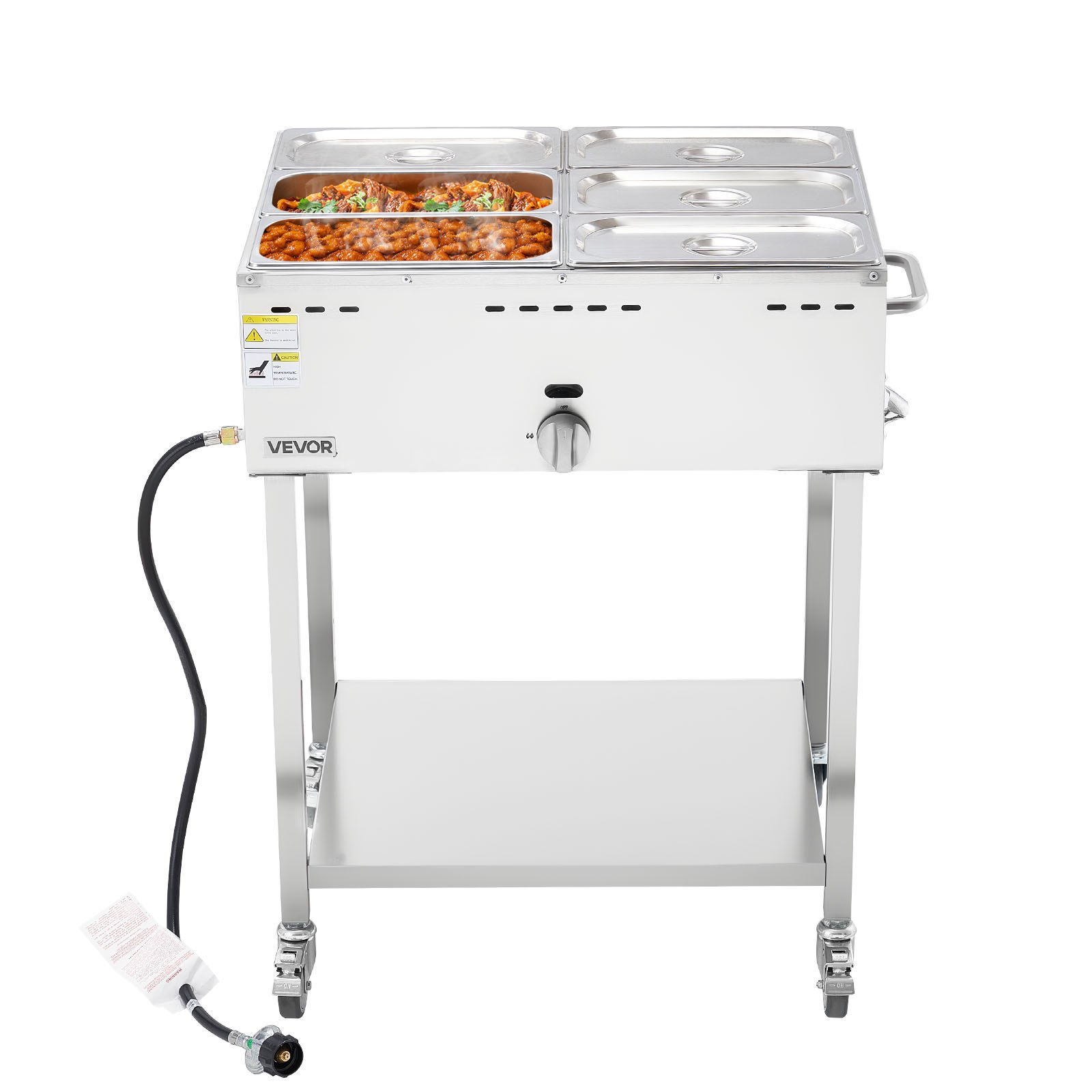 VEVOR 6-Pan Commercial Propane Steam Table, LP Gas Outdoor Soup Warmer with Drain Valve and 3" Wheels, Stainless Steel Propane Food Warmer with Adjustable Temperature, for Restaurant Outdoor Camping