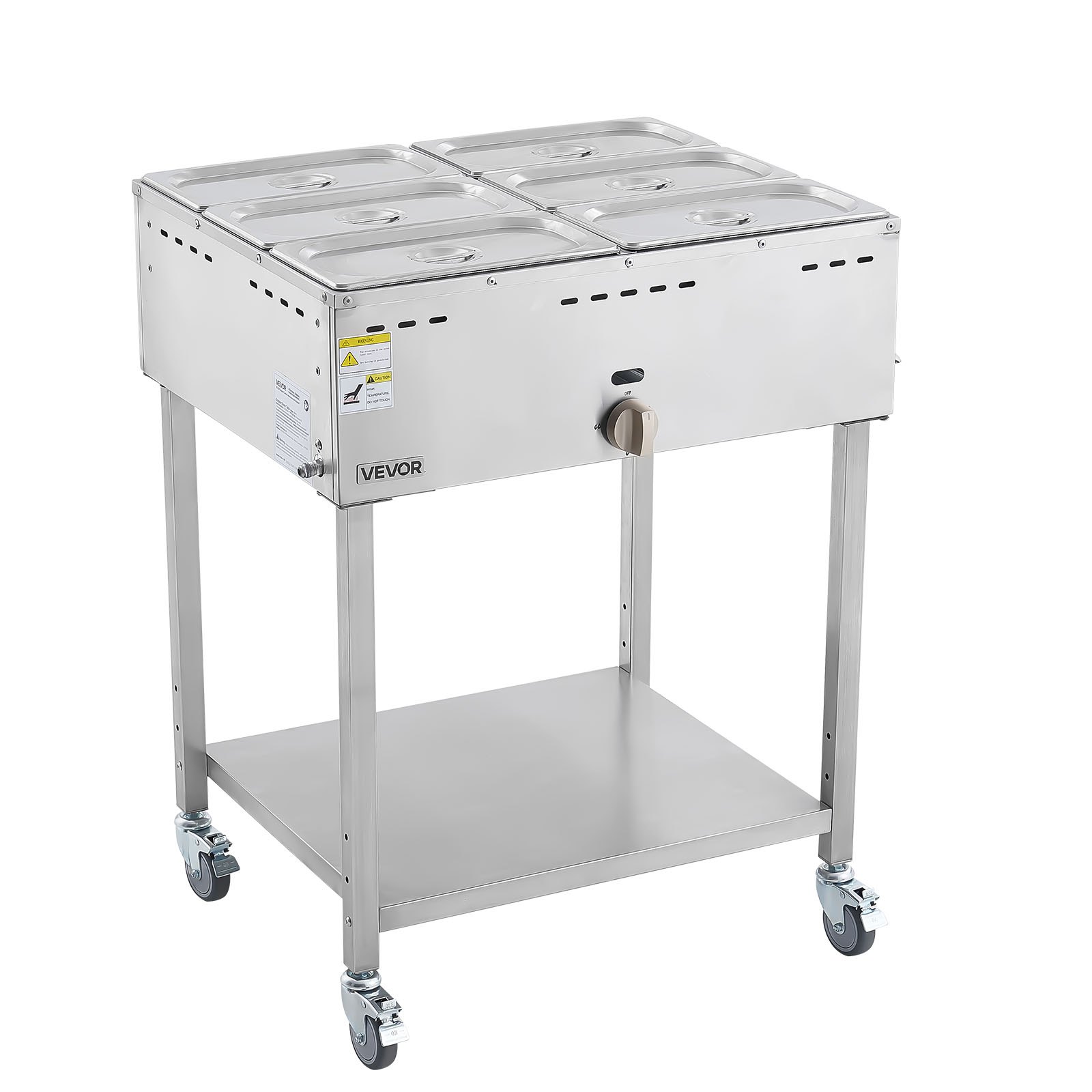 VEVOR 6-Pan Commercial Propane Steam Table, LP Gas Outdoor Soup Warmer with Drain Valve and 3" Wheels, Stainless Steel Propane Food Warmer with Adjustable Temperature, for Restaurant Outdoor Camping
