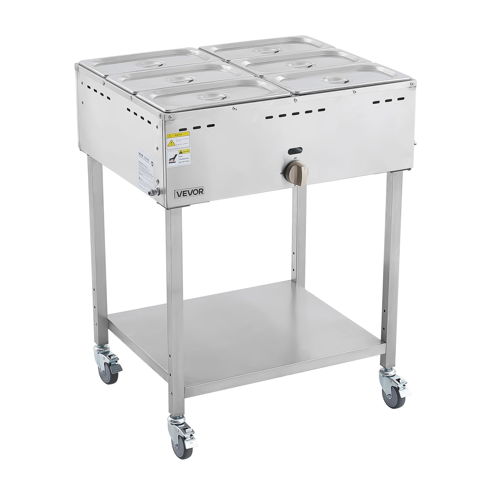 VEVOR 6-Pan Commercial Propane Steam Table, LP Gas Outdoor Soup Warmer with Drain Valve and 3" Wheels, Stainless Steel Propane Food Warmer with Adjustable Temperature, for Restaurant Outdoor Camping