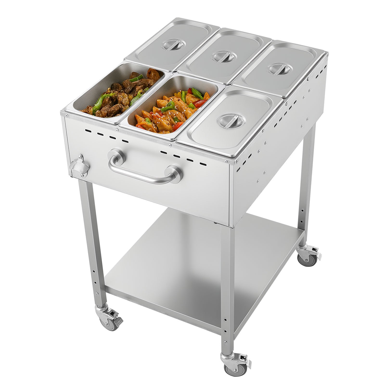 VEVOR 6-Pan Commercial Propane Steam Table, LP Gas Outdoor Soup Warmer with Drain Valve and 3" Wheels, Stainless Steel Propane Food Warmer with Adjustable Temperature, for Restaurant Outdoor Camping