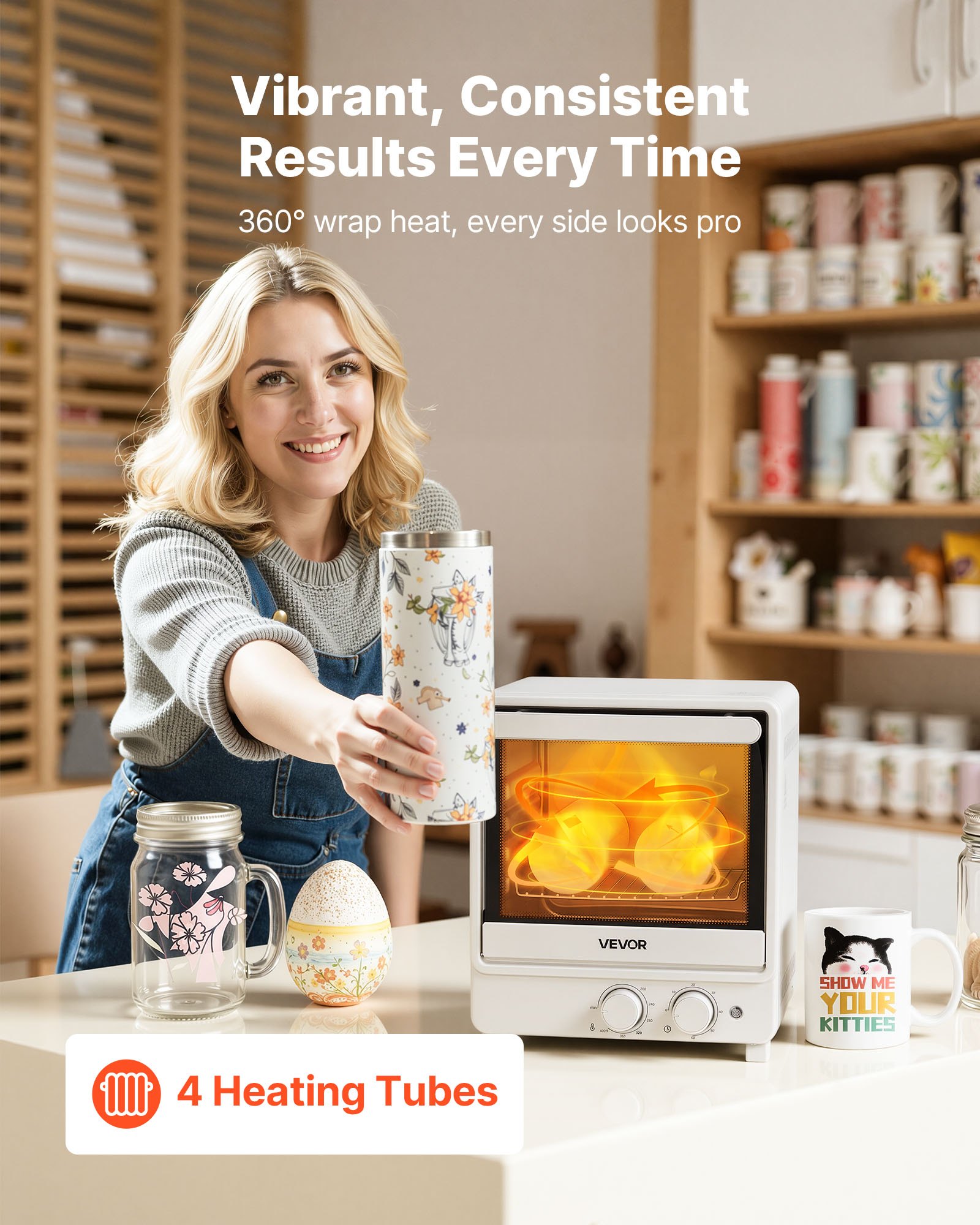 VEVOR Sublimation Oven Machine, 13 Qt, Fits 20oz Tumblers, with 1 Heat Air Gun, 50 Shrink Films, 1 Tape and 2 Heat Gloves, Oven for Sublimation Blank Tumblers, Mugs, Bowls, Off-White
