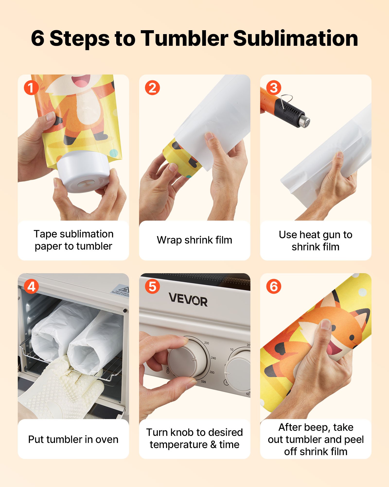 VEVOR Sublimation Oven Machine, 13 Qt, Fits 20oz Tumblers, with 1 Heat Air Gun, 50 Shrink Films, 1 Tape and 2 Heat Gloves, Oven for Sublimation Blank Tumblers, Mugs, Bowls, Off-White