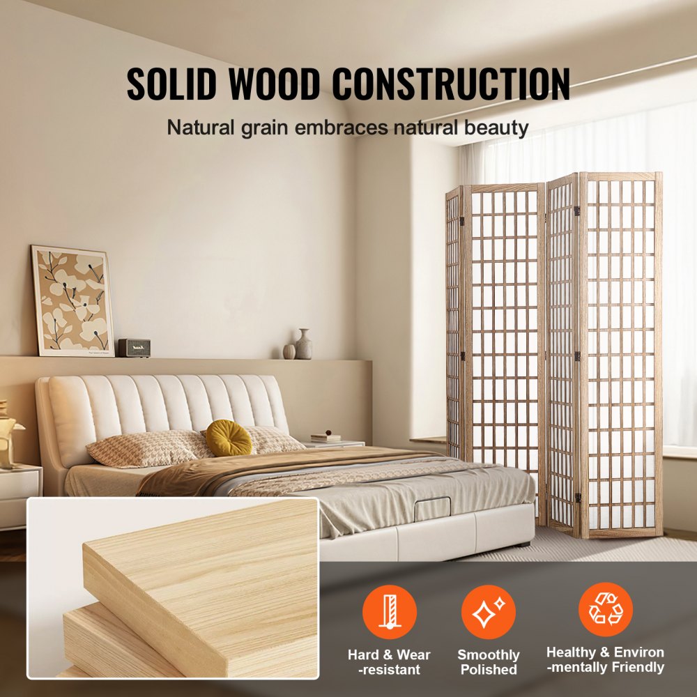 Divisória de Ambientes VEVOR, Divisória de Ambientes Japonesa com 4 Painéis, Biombo Dobrável para Privacidade em Ambientes Internos, Divisórias Portáteis e Biombos Decorativos, para Separação de Ambientes, Casa, Escritório, Restaurante e Quarto (Natural)