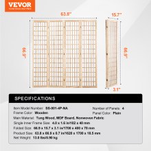 VEVOR Room Divider, 4 Panel Japanese Room Divider, Folding Privacy Screen Indoor, Portable Partition Dividers and Decoration Screens, for Room Separation, Home, Office, Restaurant & Bedroom (Natural)