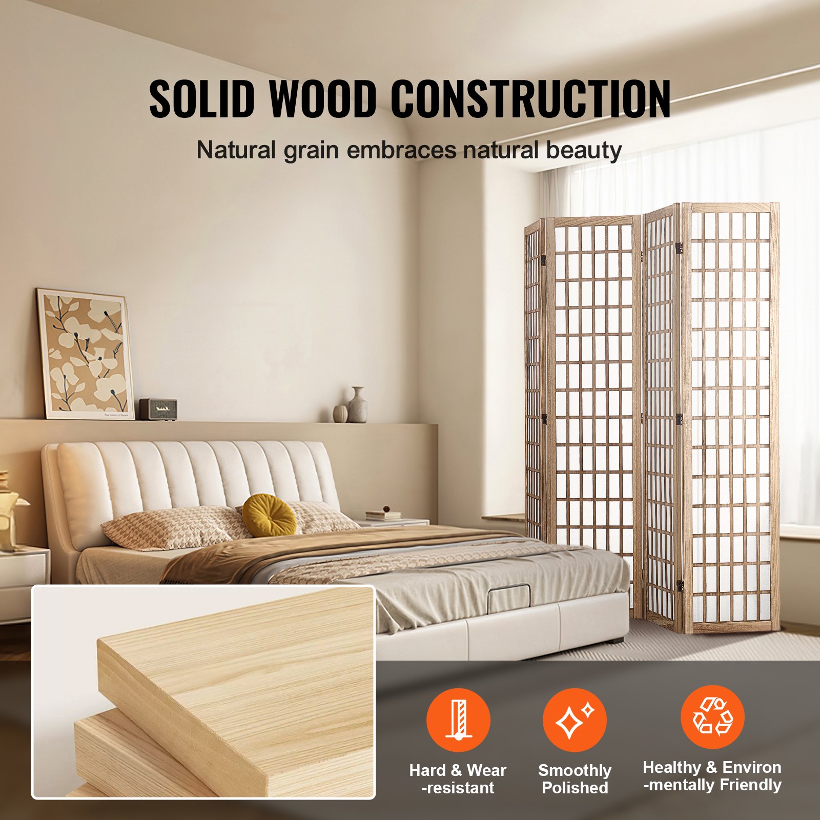 Divisória de Ambientes VEVOR, Divisória de Ambientes Japonesa com 4 Painéis, Biombo Dobrável para Privacidade em Ambientes Internos, Divisórias Portáteis e Biombos Decorativos, para Separação de Ambientes, Casa, Escritório, Restaurante e Quarto (Natural)