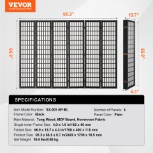 VEVOR Room Divider, 6 Panel Japanese Room Divider, Folding Privacy Screen Indoor, Portable Partition Dividers and Decoration Screens, for Room Separation, Home, Office, Restaurant & Bedroom (Black)