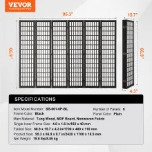 VEVOR Room Divider, 6 Panel Japanese Room Divider, Folding Privacy Screen Indoor, Portable Partition Dividers and Decoration Screens, for Room Separation, Home, Office, Restaurant & Bedroom (Black)