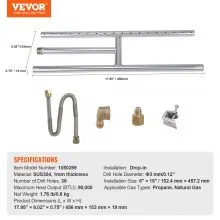 VEVOR 6 x 18 inch Drop-in Fire Pit Pan, Rectangular Stainless Steel Fire Pit Burner, Natural & Propane Gas Fire Pan H-Burner 90,000 BTU for Indoor or Outdoor Use