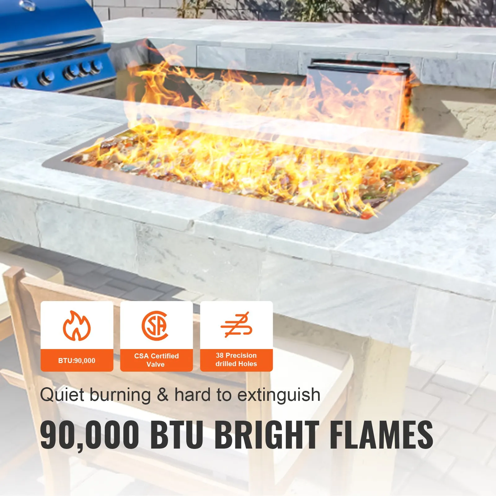 VEVOR fire pit pan in a marble countertop with bright flames and 90,000 btu heat output.