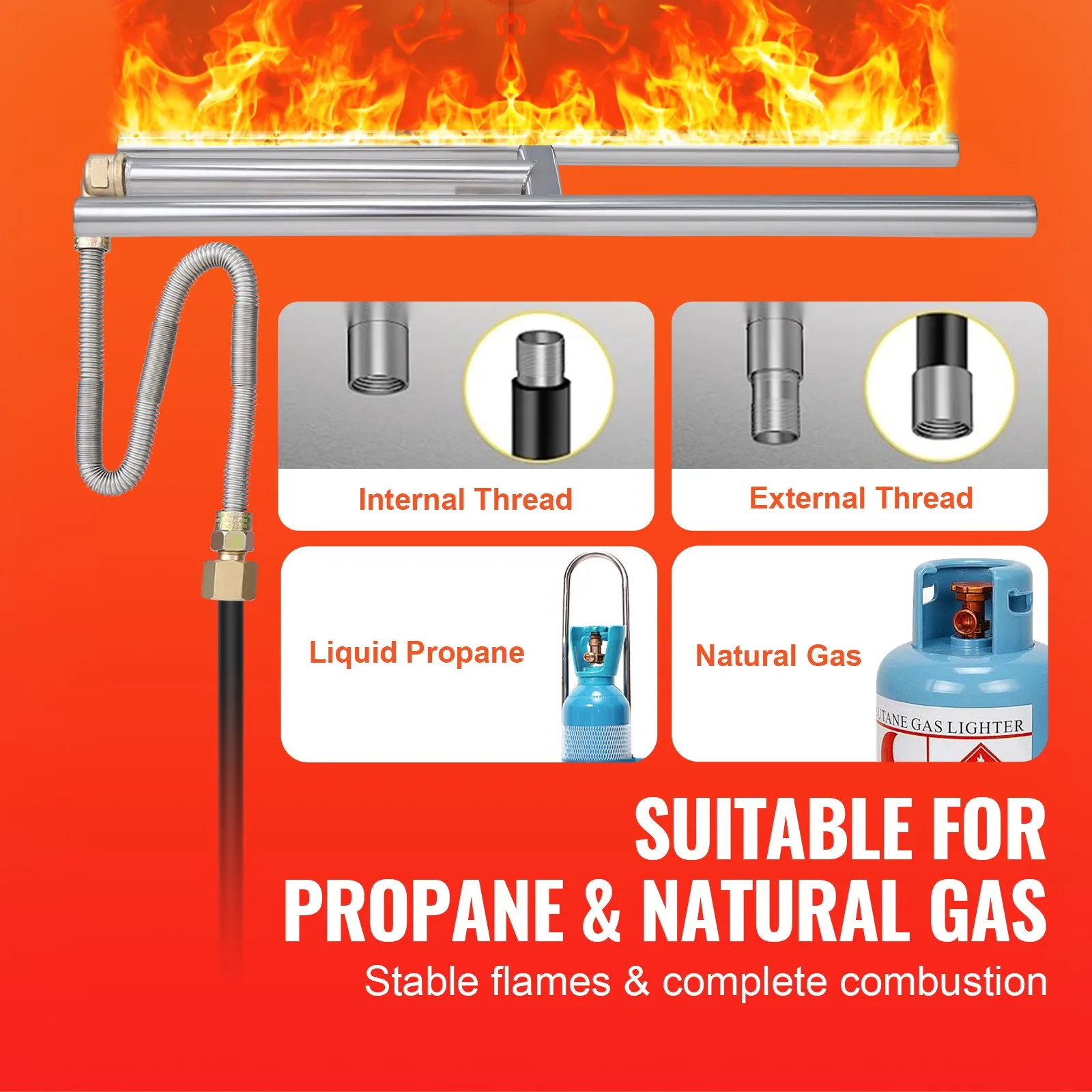 VEVOR fire pit pan, suitable for propane and natural gas, showcasing stable flames and combustion.