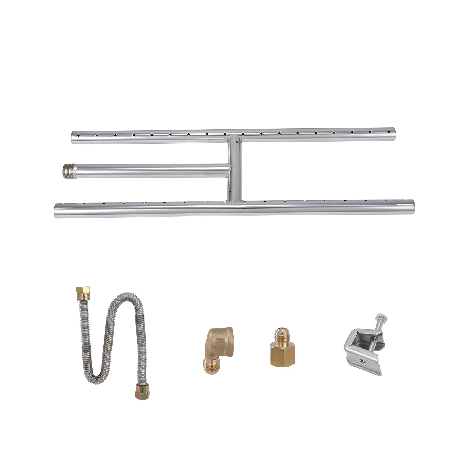 VEVOR fire pit pan components: burner, gas hose, brass connectors, and a clamp.