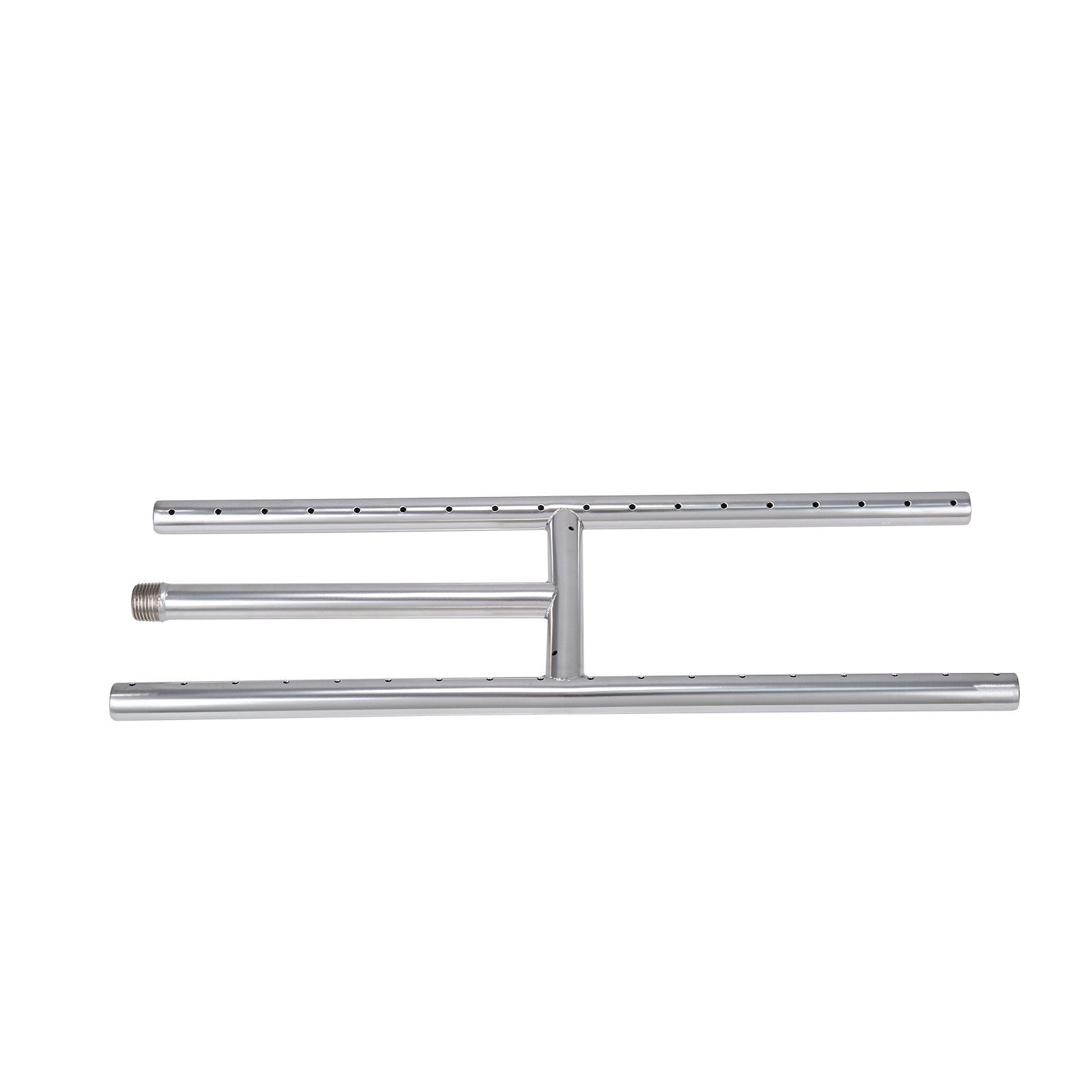 stainless steel VEVOR fire pit pan with dual burner tubes and connection point.