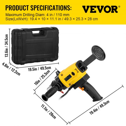 VEVOR 110mm Diamond Core Drilling Machine, 1880W Diamond Percussion Core Drill,Spindle Thread: 1-1/4Inch UNC, Wet & Dry Handheld Diamond Core Drill Heavy Duty for Diamond Concrete Drilling