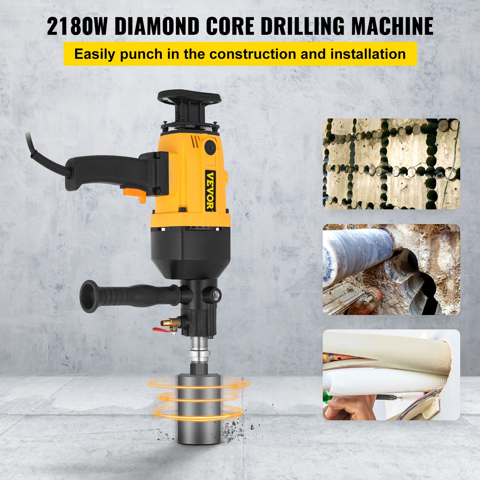 VEVOR 160MM Diamond Core Drilling Machine 2180W Diamond Percussion Core Drill Wet & Dry Handheld Diamond Core Drill Heavy Duty for Diamond Concrete Drilling
