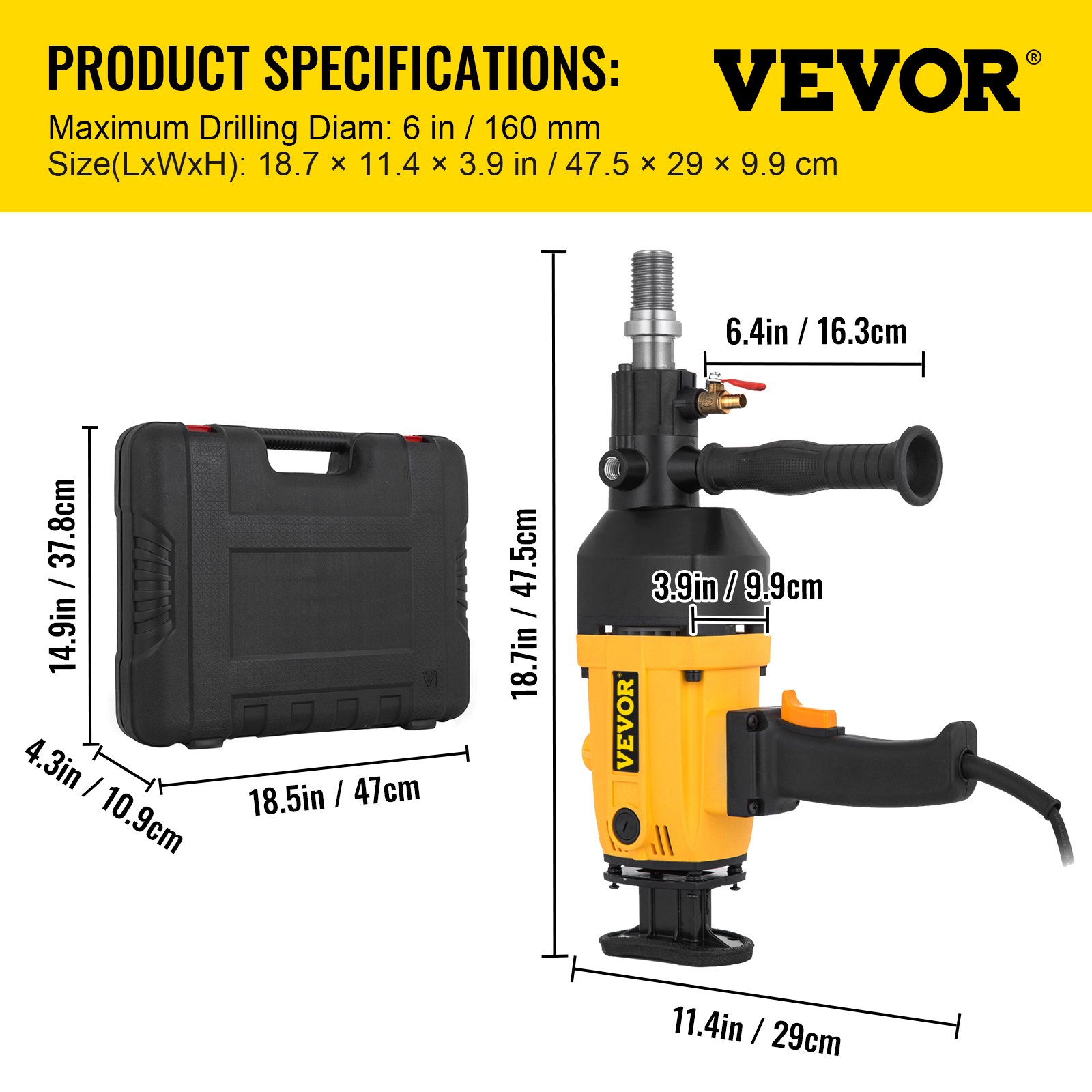 VEVOR 160MM Diamond Core Drilling Machine 2180W Diamond Percussion Core Drill Wet & Dry Handheld Diamond Core Drill Heavy Duty for Diamond Concrete Drilling