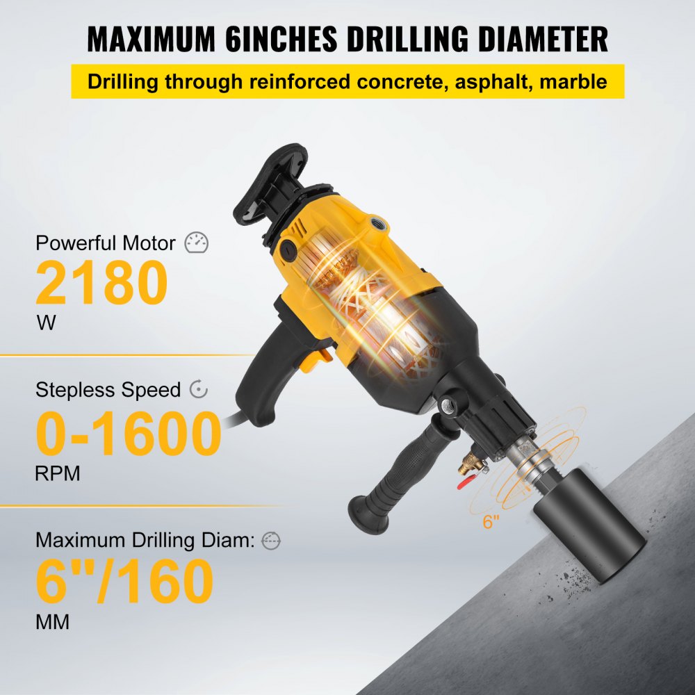 VEVOR Diamond Core Drilling Machine 6 Inch 160 mm Handheld Diamond Core Drill Rig Variable Speed Wet Dry Core Drill Rig for Diamond Concrete Drilling Boring