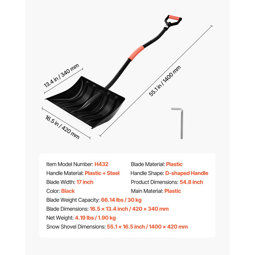 VEVOR Snow Shovel for Driveway, 17 in Wide Plastic Snow Shovel with D-shaped Handles & Aluminum Blade, Large Capacity Snowplow Shovels, Lightweight Snows Removal Tool for Garden Car Camping