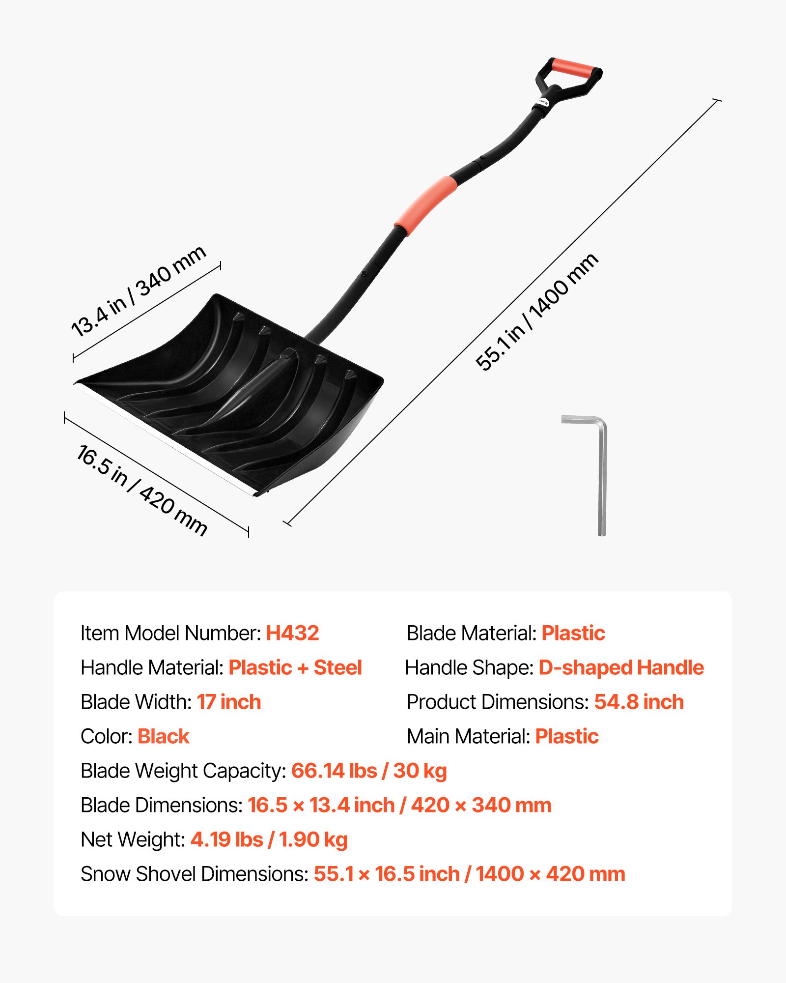 VEVOR Snow Shovel for Driveway, 17 in Wide Plastic Snow Shovel with D-shaped Handles & Aluminum Blade, Large Capacity Snowplow Shovels, Lightweight Snows Removal Tool for Garden Car Camping