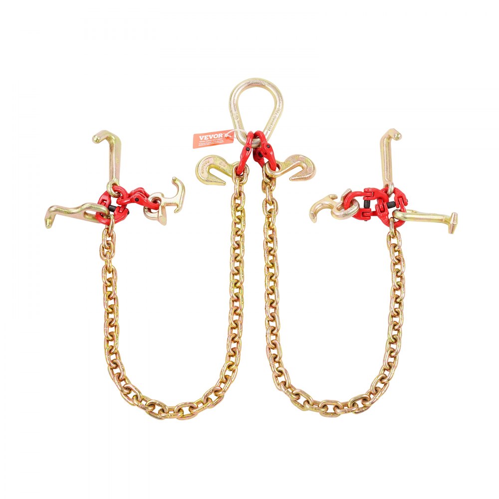 VEVOR G80 V Bridle Chain, 5/16" x 3' Towing Chain Bridle with R Hooks, T Hooks, J Hooks and Grab Hooks, Transport Tow Chain Bridle with 10800 lbs Safe Working Load for Flatbed Truck Wrecker Recovery