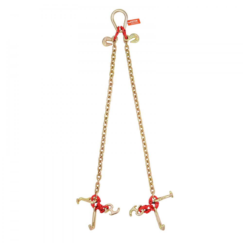 VEVOR G80 V Bridle Chain, 5/16" x 3' Towing Chain Bridle with R Hooks, T Hooks, J Hooks and Grab Hooks, Transport Tow Chain Bridle with 10800 lbs Safe Working Load for Flatbed Truck Wrecker Recovery